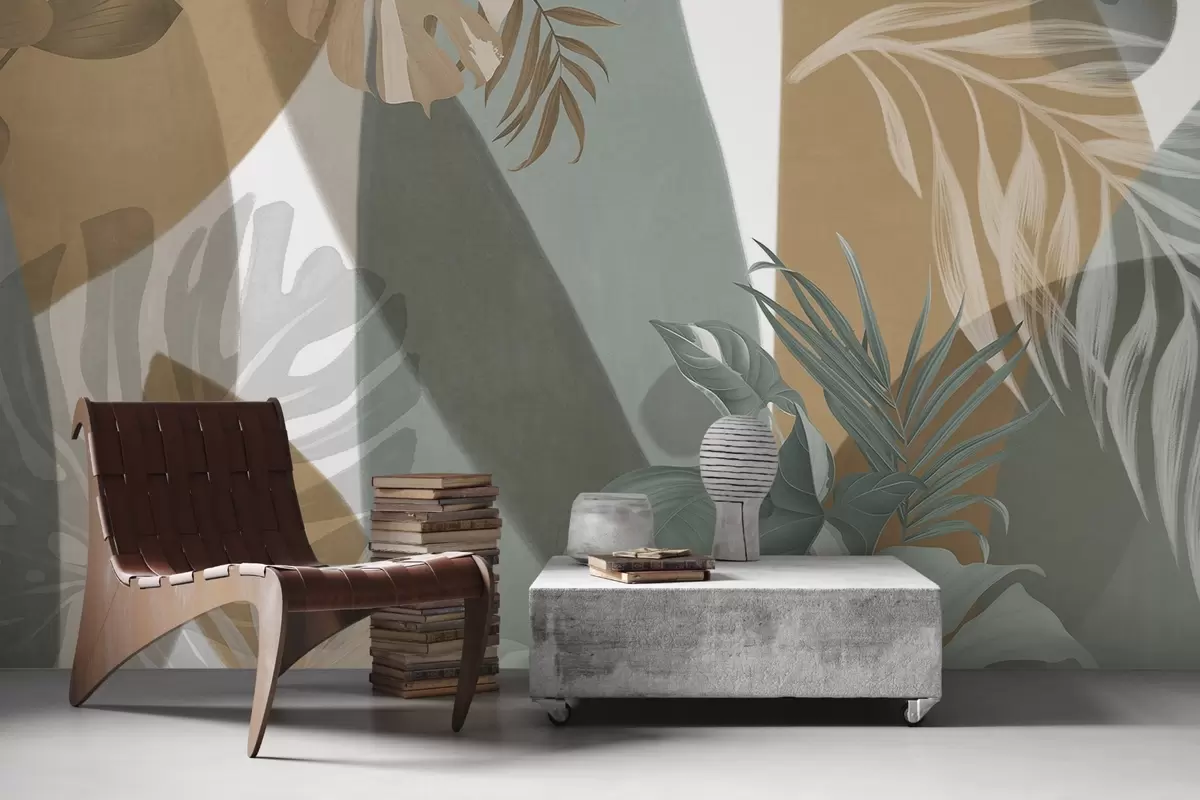 Шпалери Листя монстери і пальмове листя в візерунку з коричневими, білими і зеленими кольорами, тропічна атмосфера, абстрактні форми, декоративні w09288