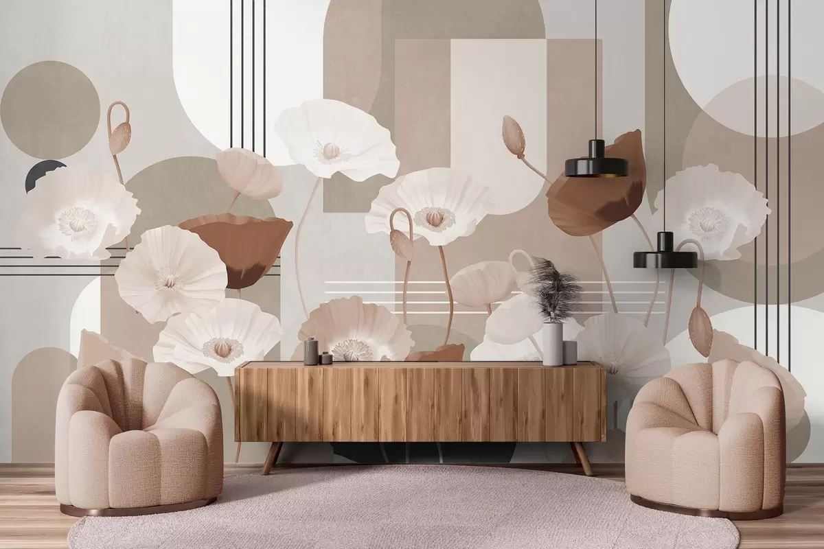 Шпалери Маки в білому та бежевому кольорах з геометричними фігурами на задньому плані, колами та арками, мінімалістичний стиль, м'які кольори w09289