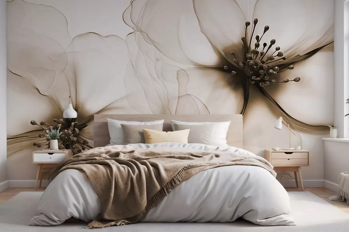 Шпалери Дві напівпрозорі фактурні коричневі квітки з видимими тичинками, ніжними пелюстками, що накладаються одна на одну, і м'якою текстурою w09295