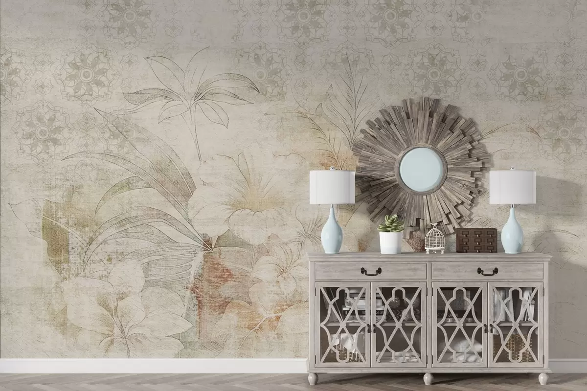 Шпалери Квіти та листя на фактурному тлі з орнаментами w04343