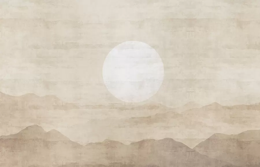 Шпалери Мінімалістичний гірський пейзаж з великим білим сонцем w04345