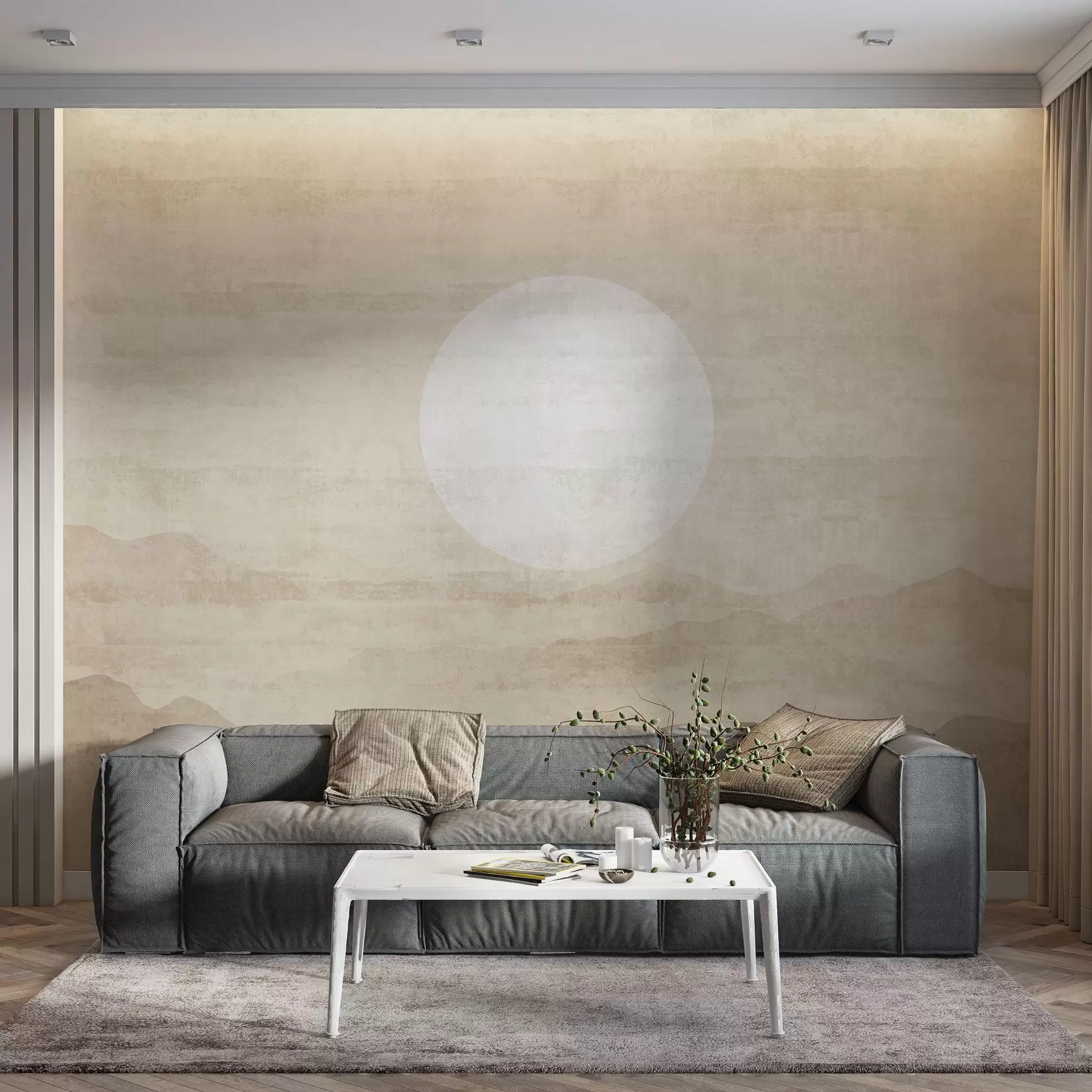 Шпалери Мінімалістичний гірський пейзаж з великим білим сонцем w04345