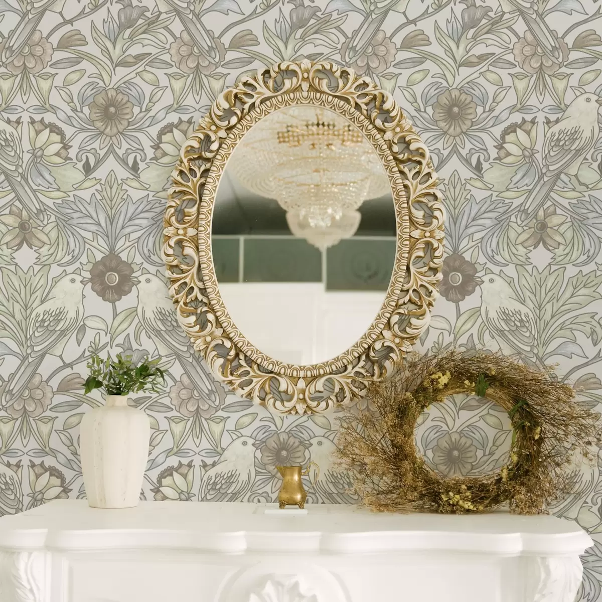 Шпалери Птахи в стилі модерн та пастельні стилізовані квіти a00385