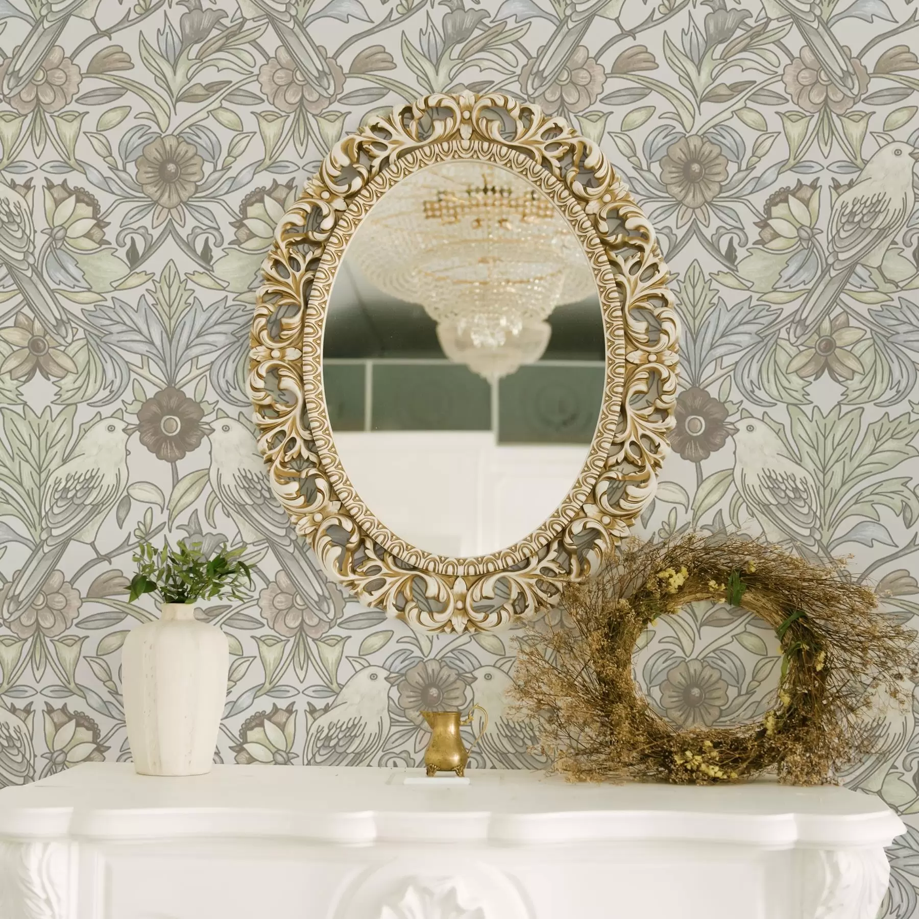 Шпалери Птахи в стилі модерн та пастельні стилізовані квіти a00385