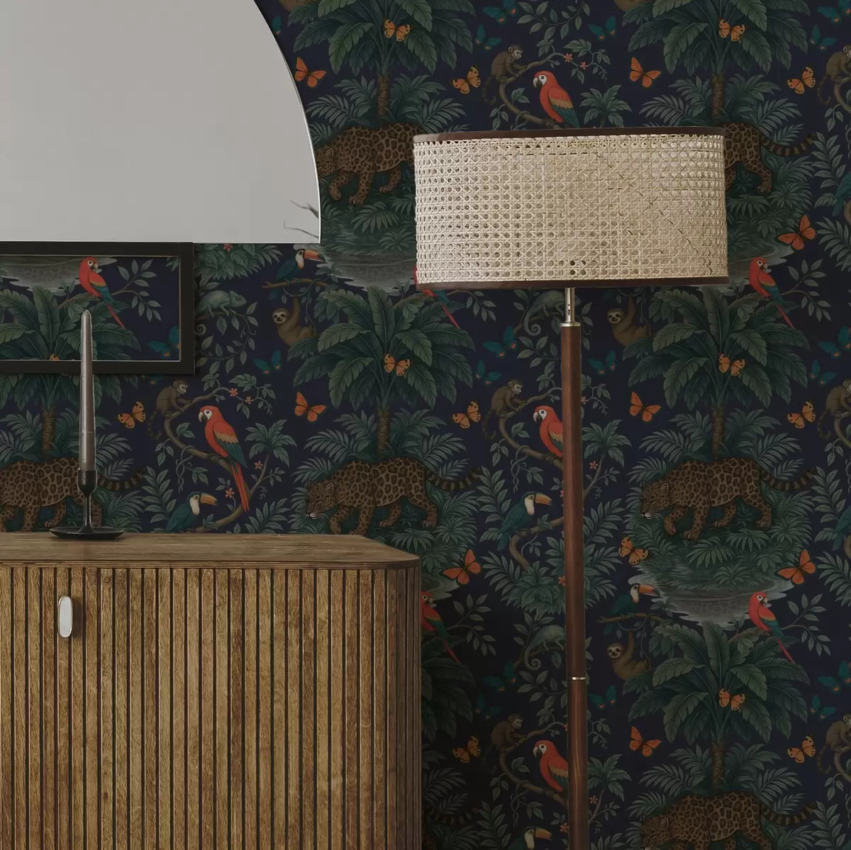 Шпалери Тропічні джунглі з леопардом, леопардом, папугами та метеликами a00388