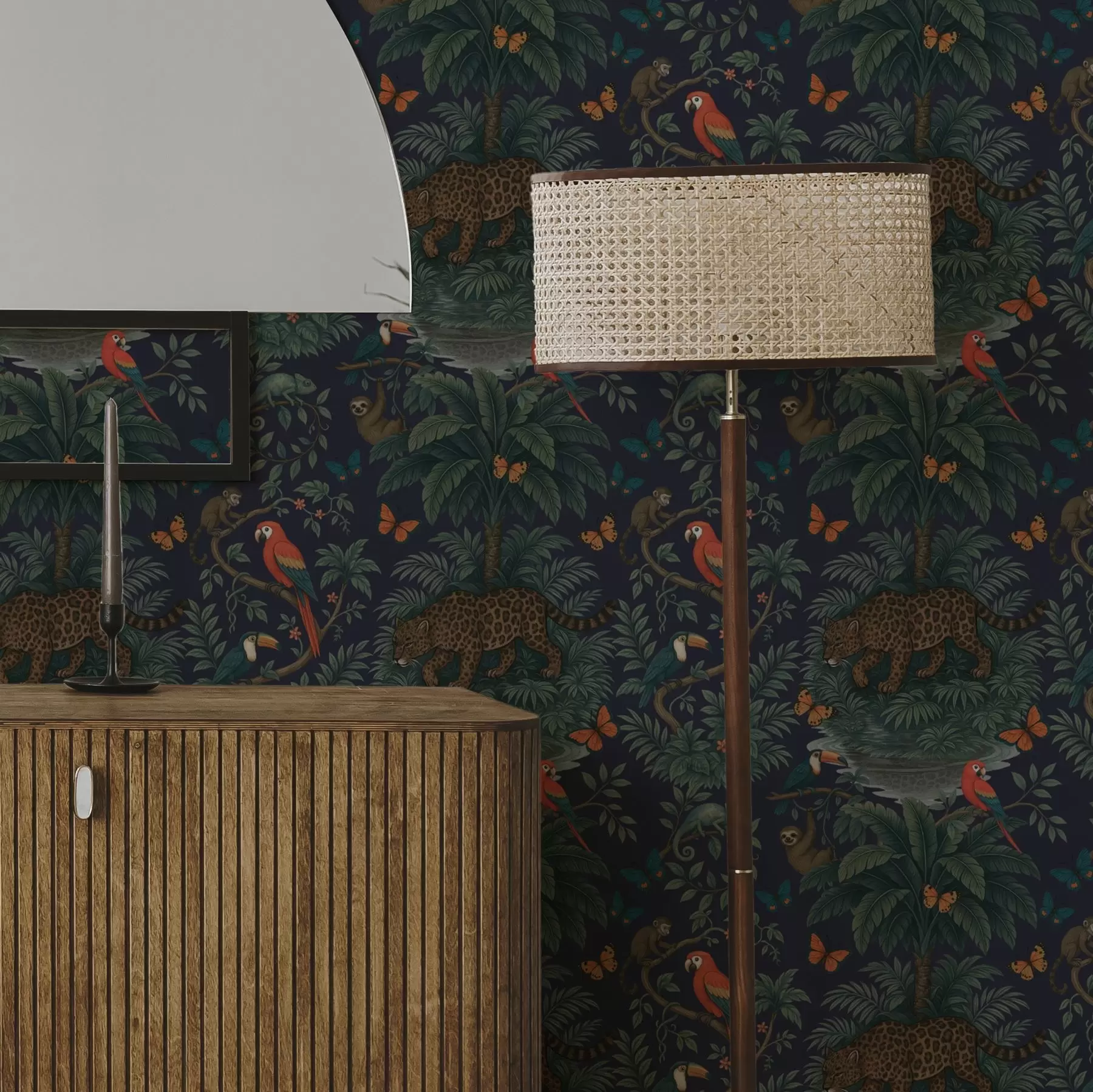 Шпалери Тропічні джунглі з леопардом, леопардом, папугами та метеликами a00388