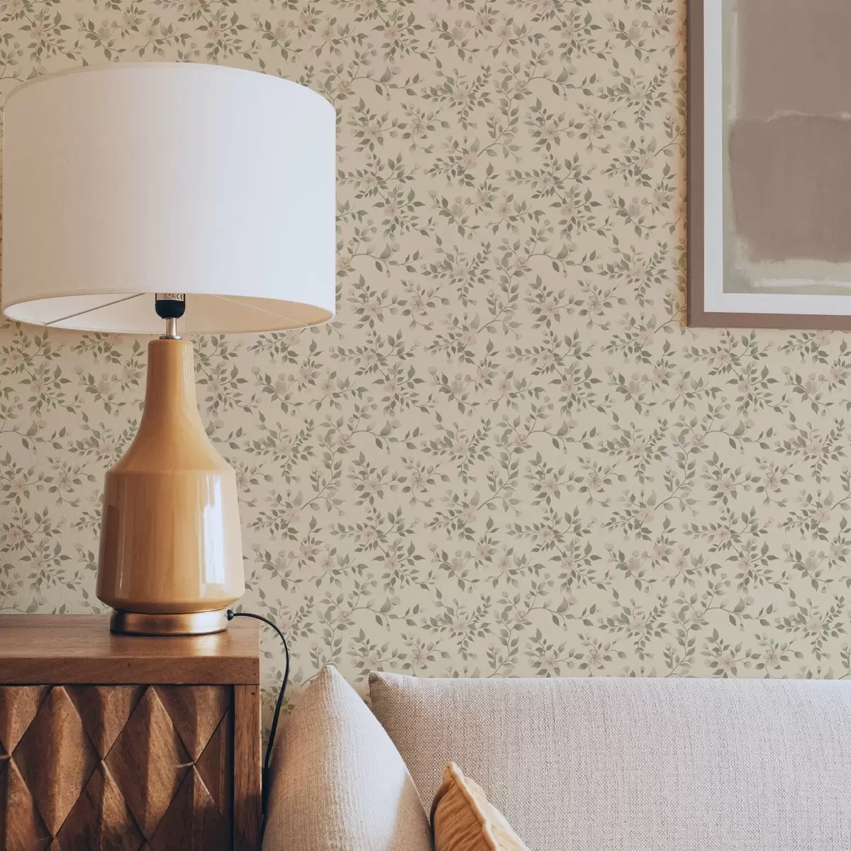 Шпалери Ніжні пастельні квіткові гілки на бежевому тлі a00390