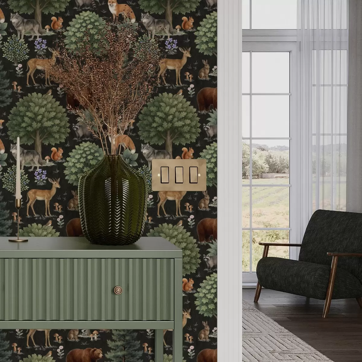 Шпалери Акварельні лісові тварини з деревами та грибами a00391