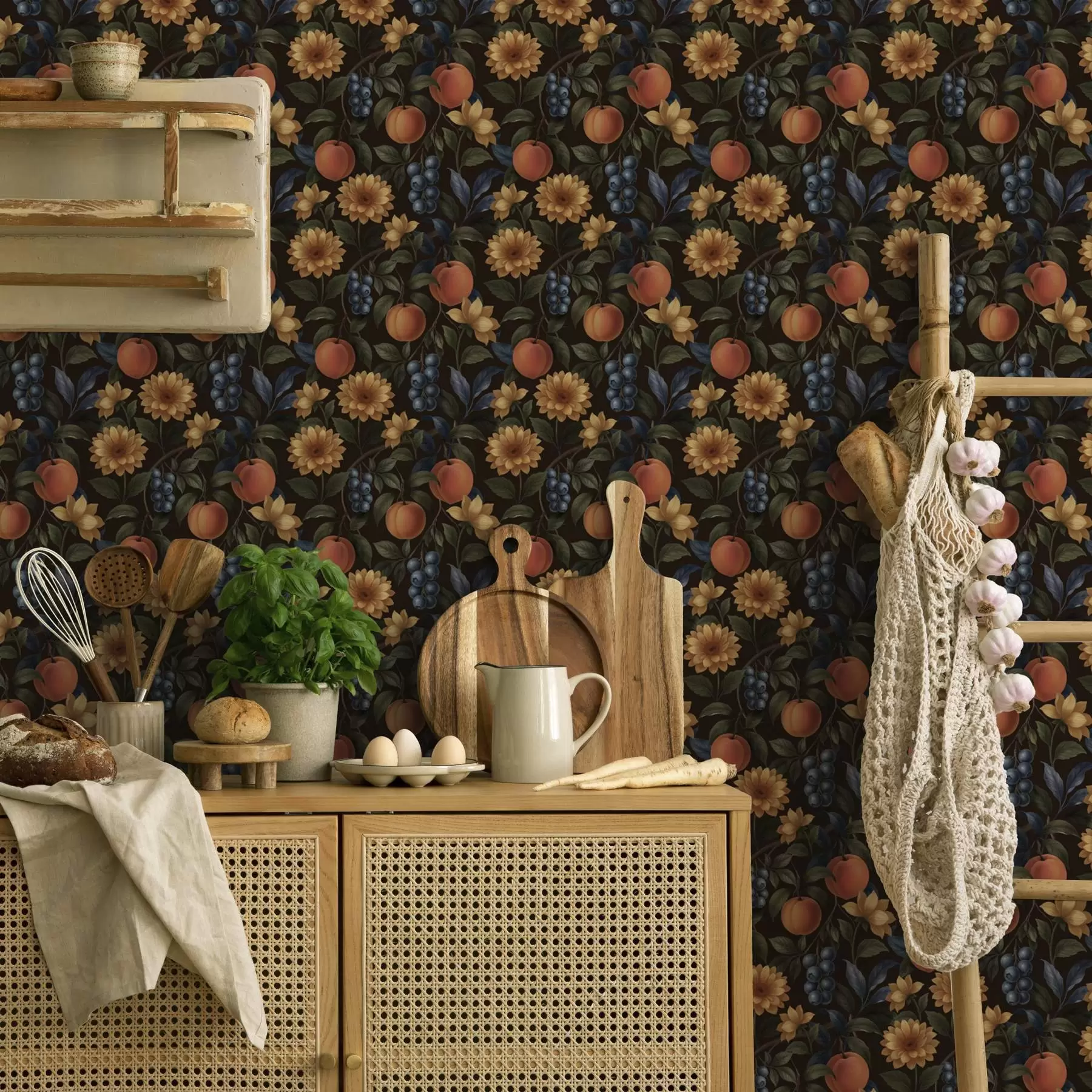 Шпалери Фрукти та жовті квіти на темному ботанічному тлі a00395