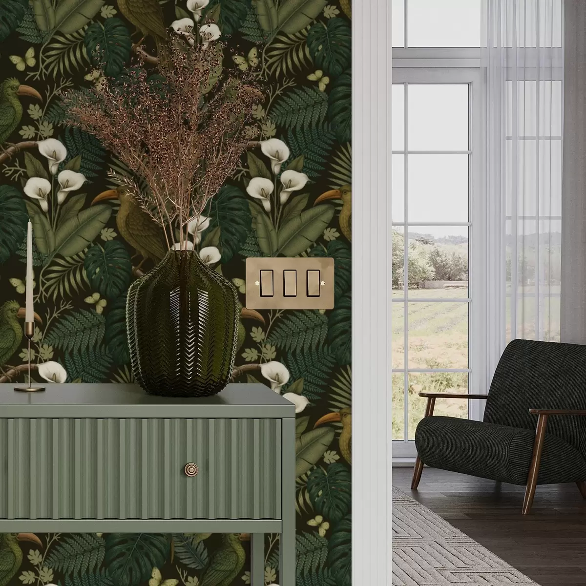 Шпалери Тропічні птахи та пишна зелень на тлі темних джунглів a00397