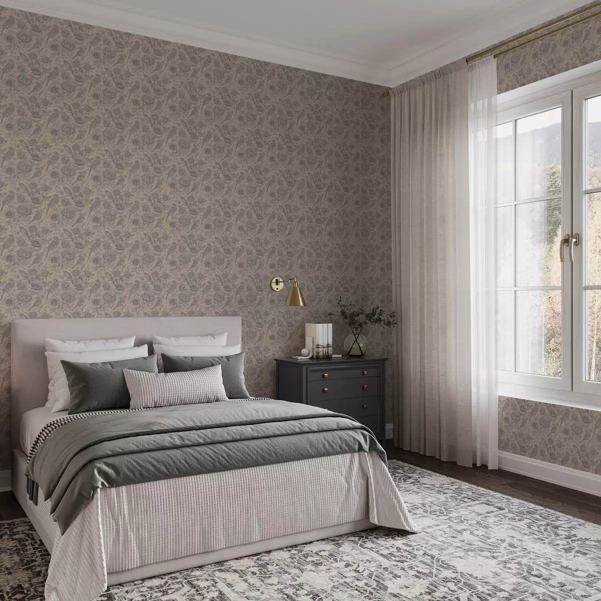 Шпалери Вінтажні птахи та квіти на м'якому бежевому тлі a00423