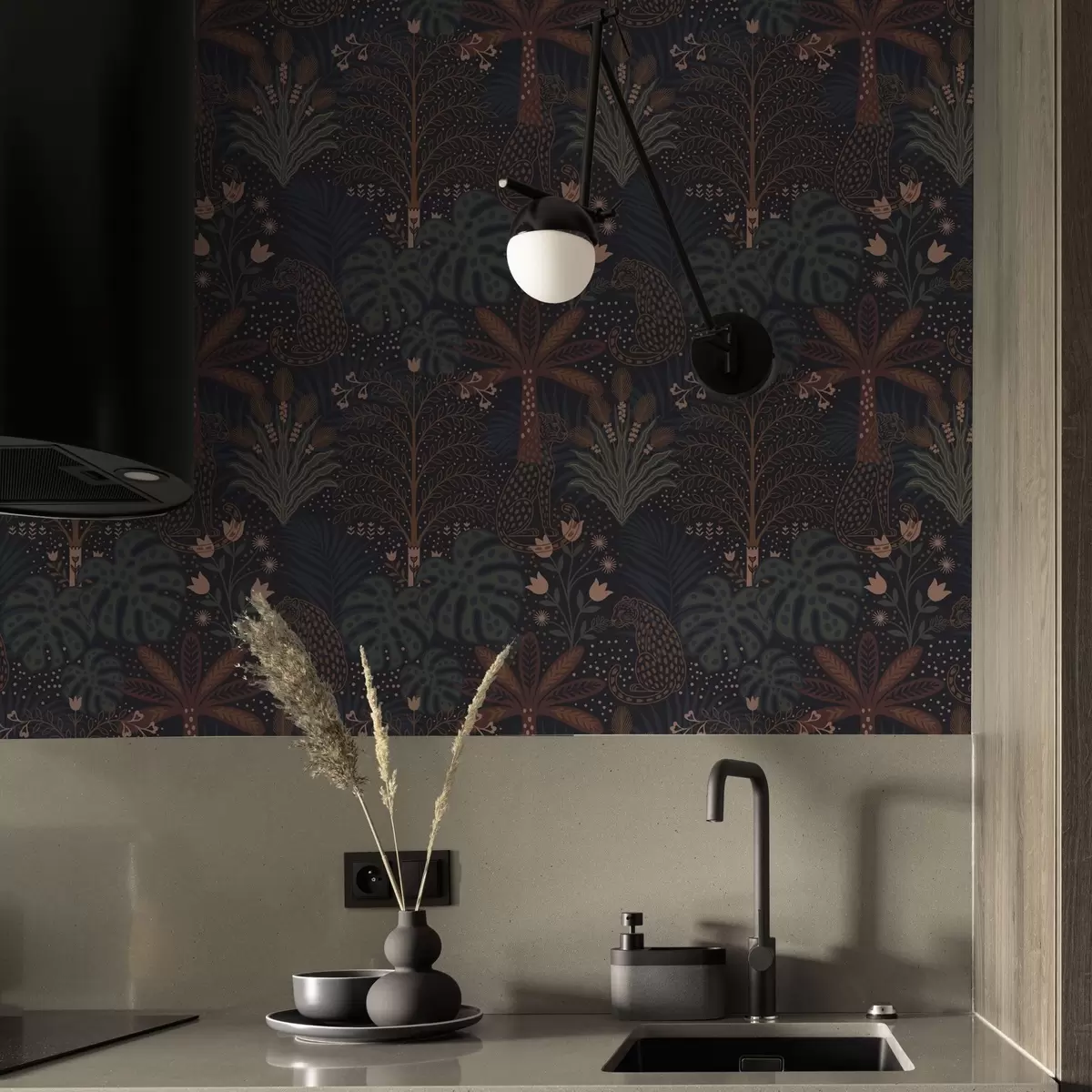 Шпалери Темні джунглі з леопардовими пальмами та квітами a00424