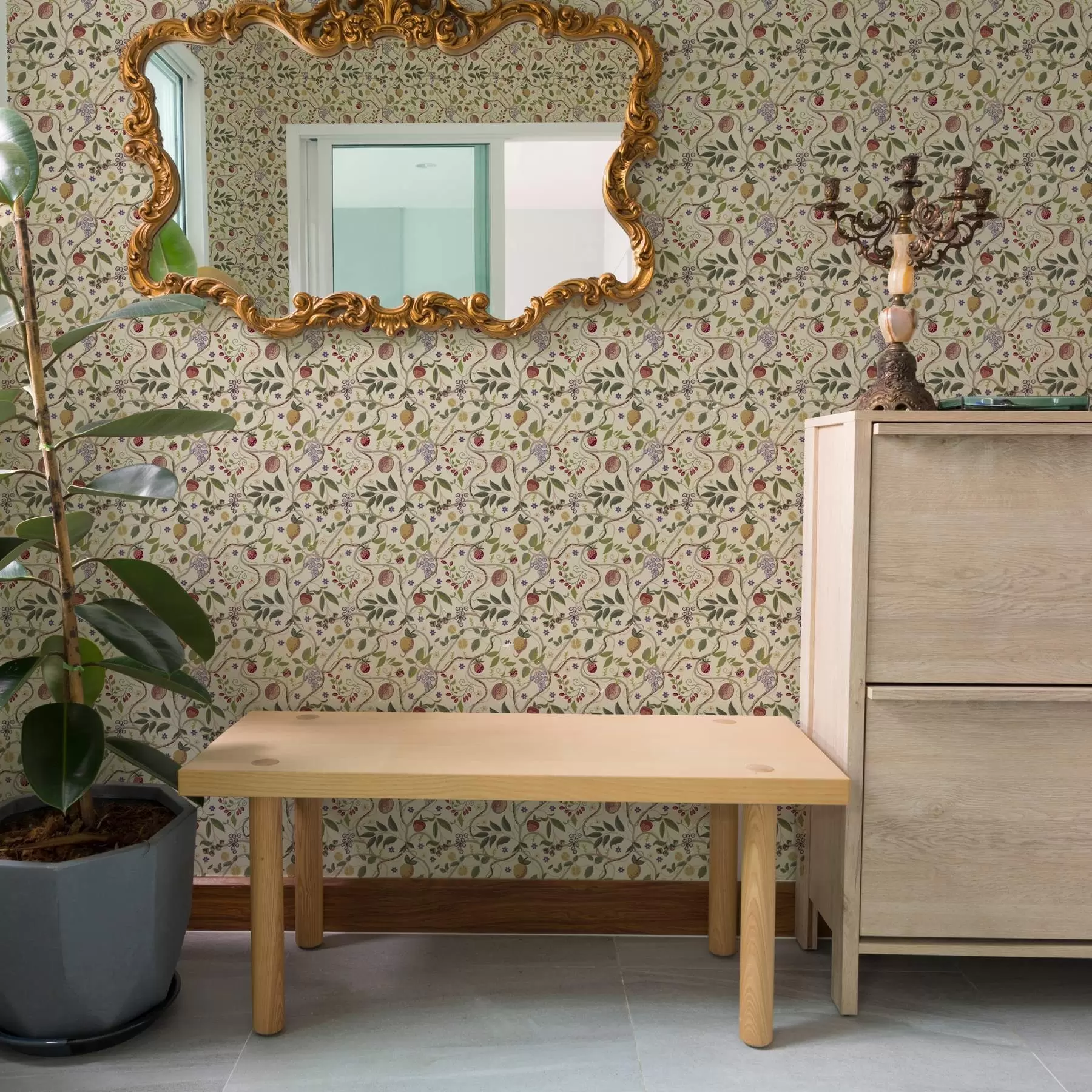 Шпалери Фруктовий візерунок з ягодами, гілками та квітами a00428