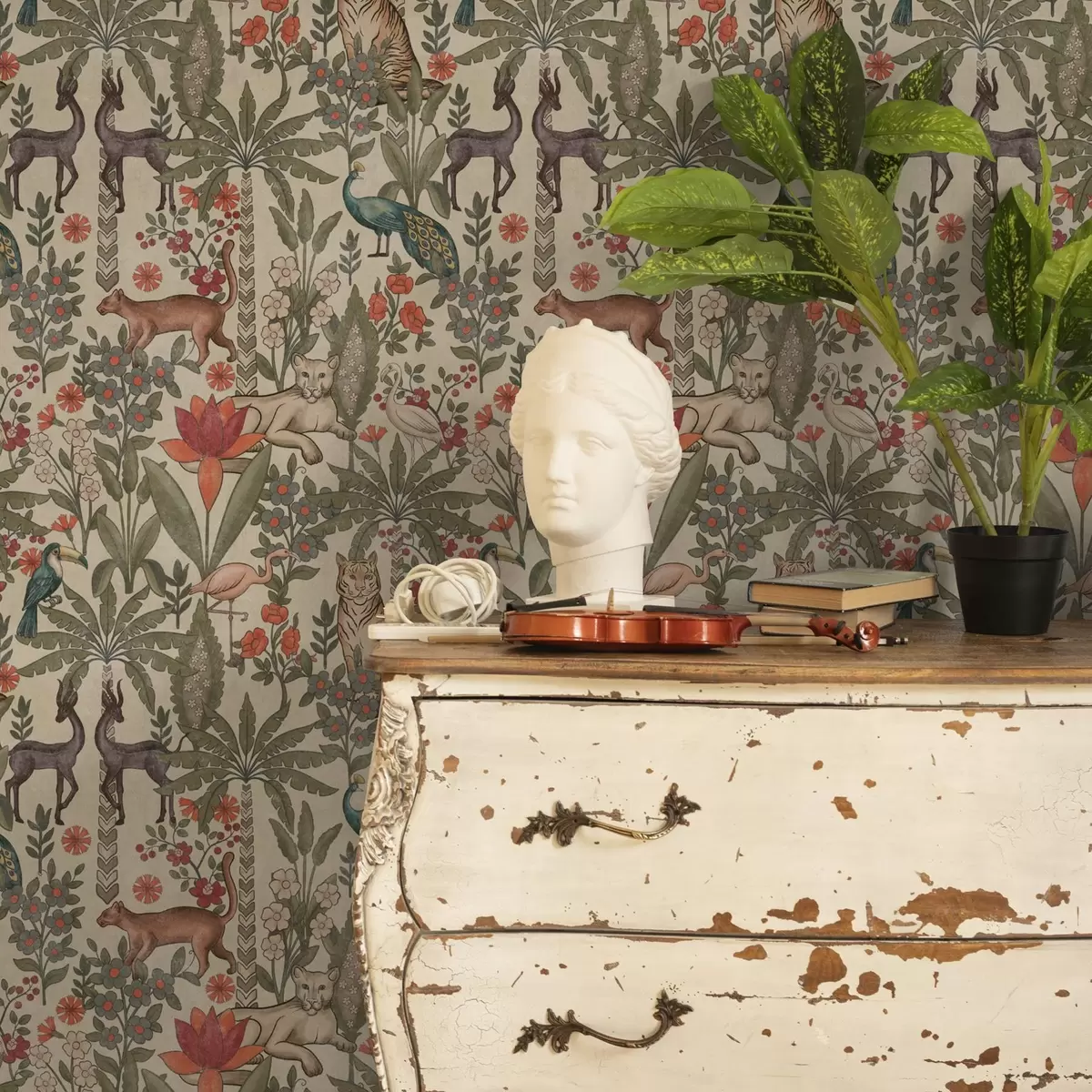 Шпалери Ретро стиль: Тварини та квіти на вінтажному тлі a00431