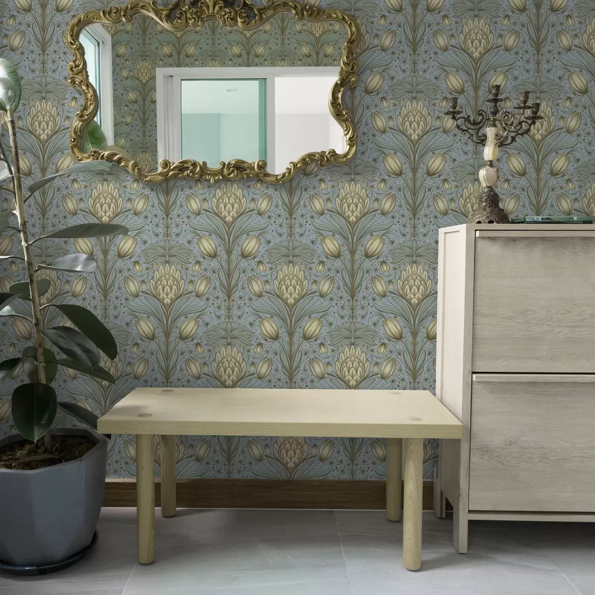 Шпалери Синій візерунок з артишоками та тюльпанами a00435