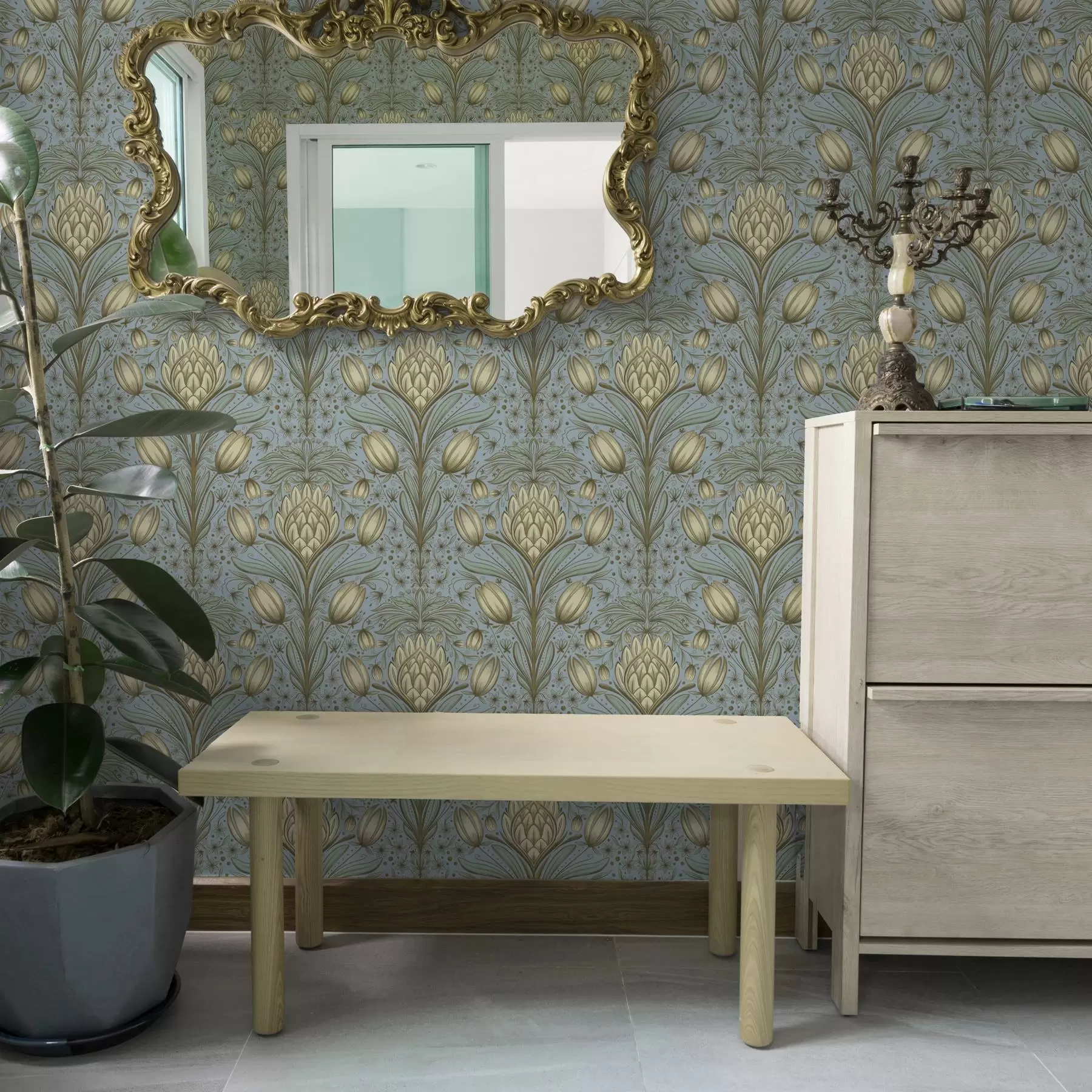 Шпалери Синій візерунок з артишоками та тюльпанами a00435