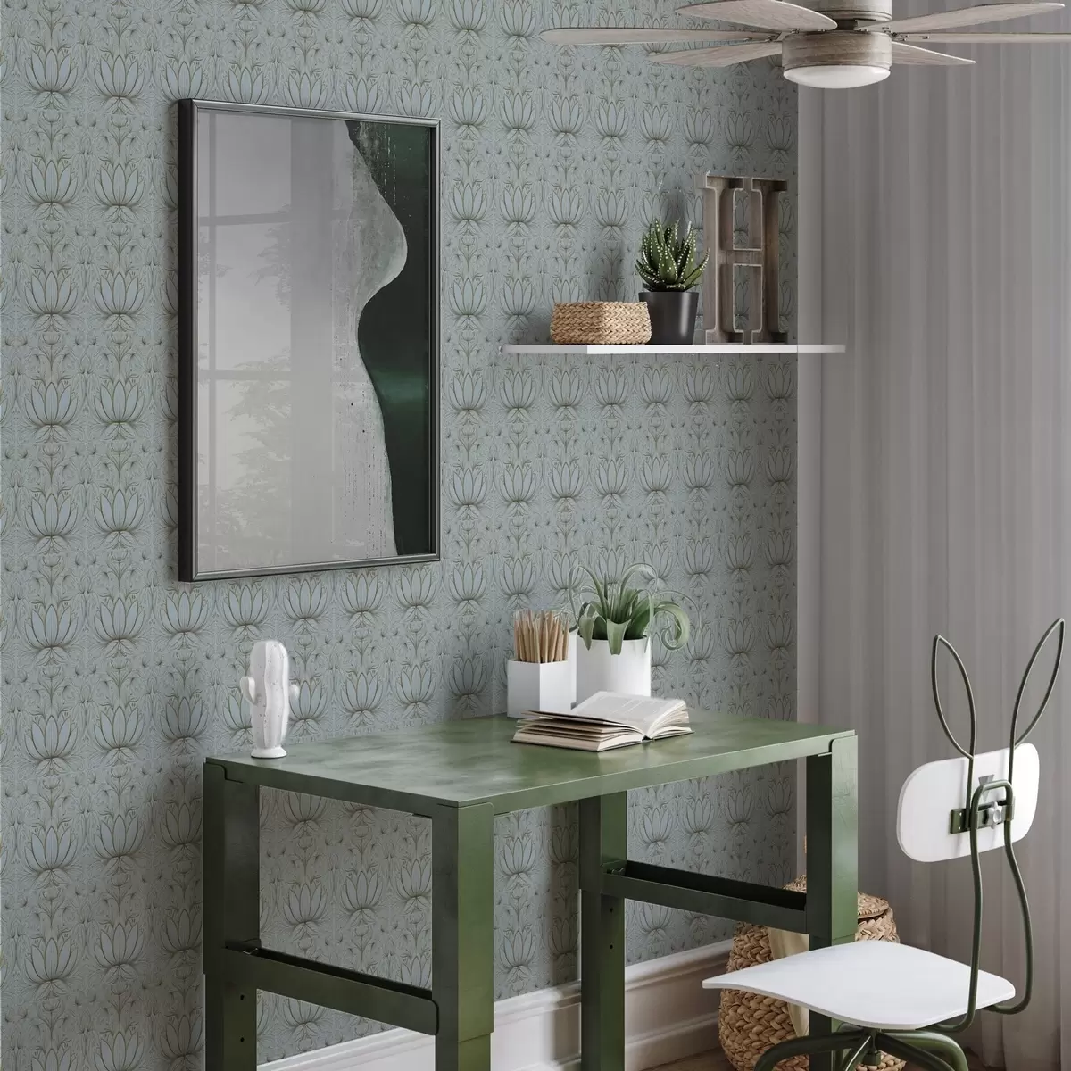 Шпалери Орнамент лотоса в бірюзово-жовтой гамі a00439