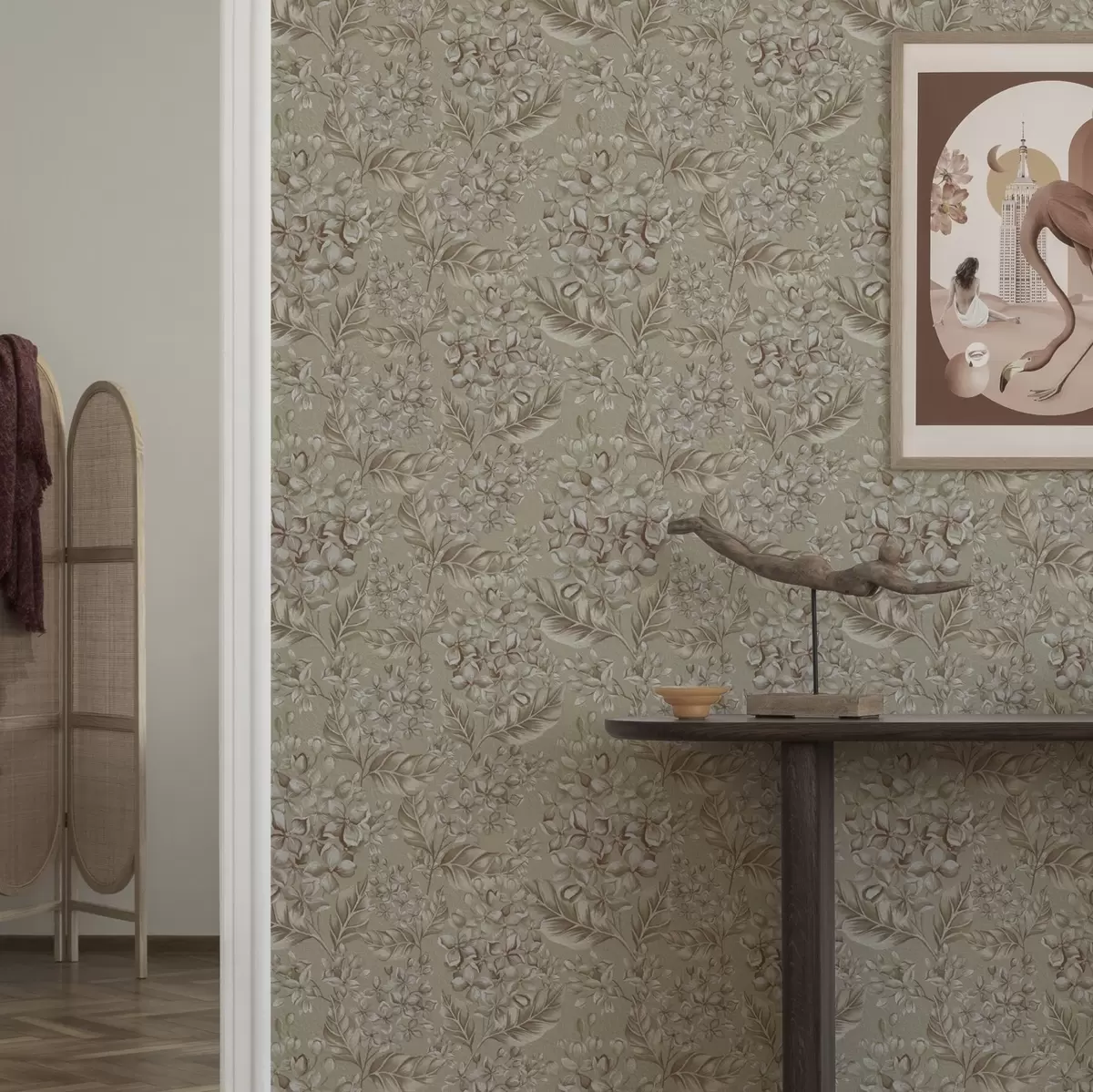 Шпалери Бежеві гілки з білими квітами в теплих відтінках a00441