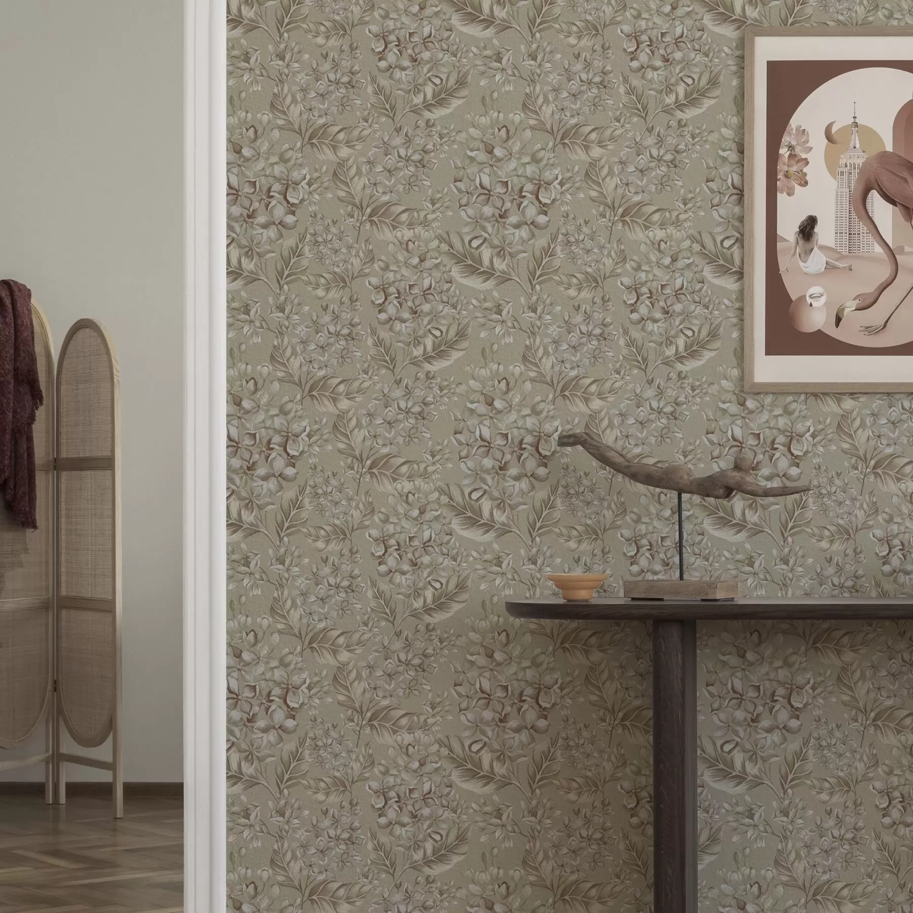 Шпалери Бежеві гілки з білими квітами в теплих відтінках a00441