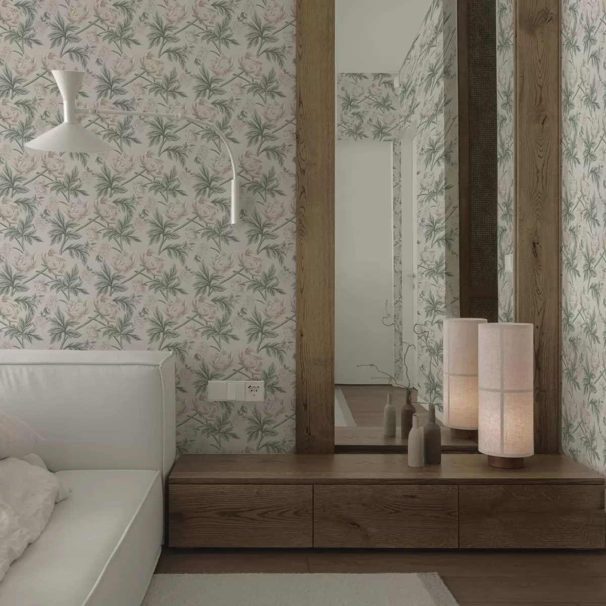 Шпалери Пишні півонії світло-бежевого та зеленого кольорів a00445