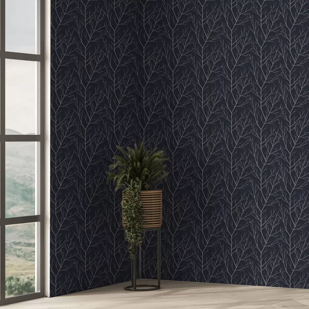 Шпалери Ніжно-червоні гілки на глибокому темно-синьому тлі a00451