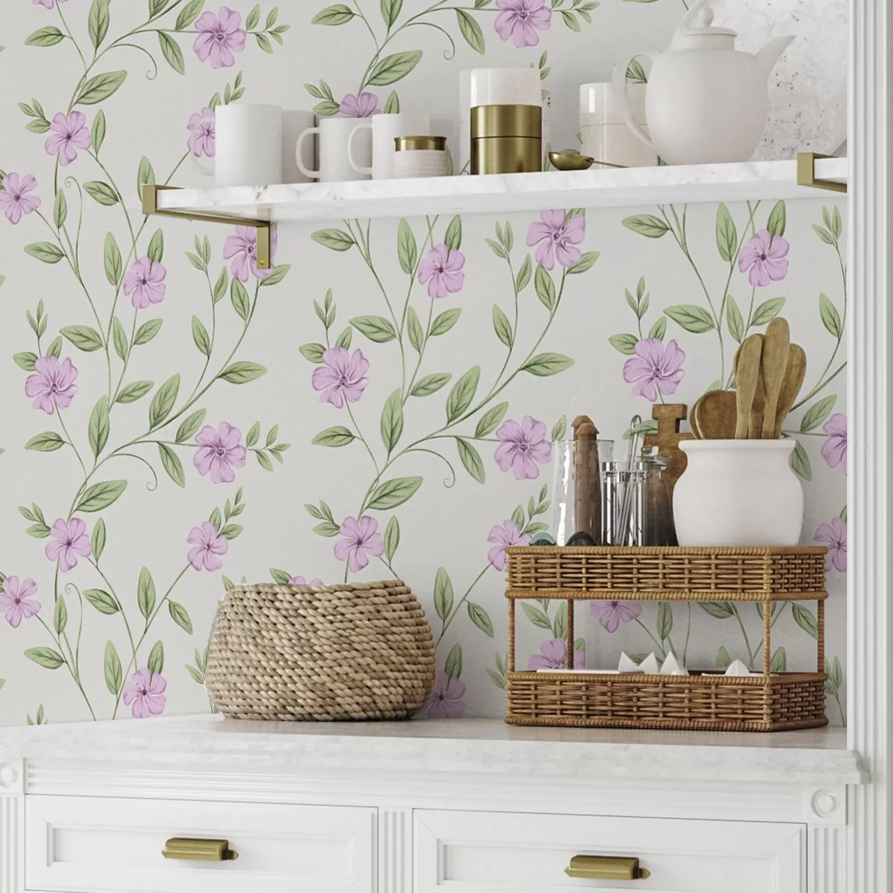 Шпалери Рожеві квіти з зеленими лозами на кремовому тлі a00453