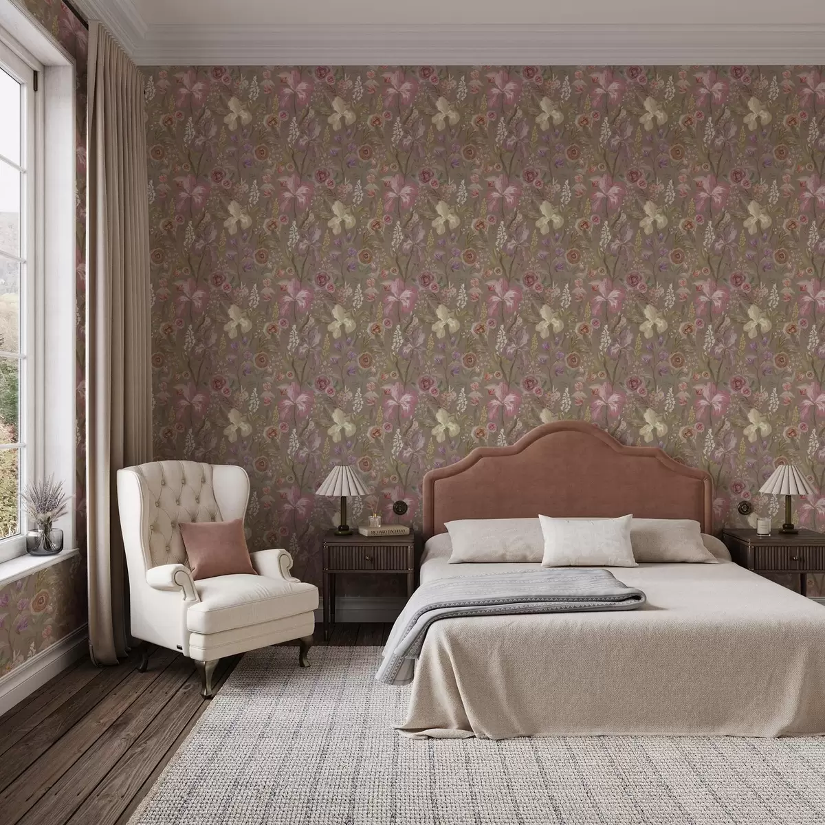 Шпалери Вінтажний візерунок квітки рожевого ірису на бежевому фактурному тлі a00457