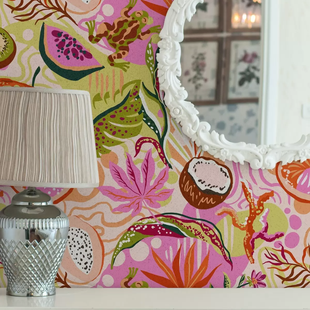 Шпалери Екзотичні фрукти, листя та хамелеони в тропічному стилі a00469