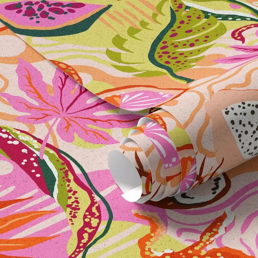 Шпалери Екзотичні фрукти, листя та хамелеони в тропічному стилі a00469