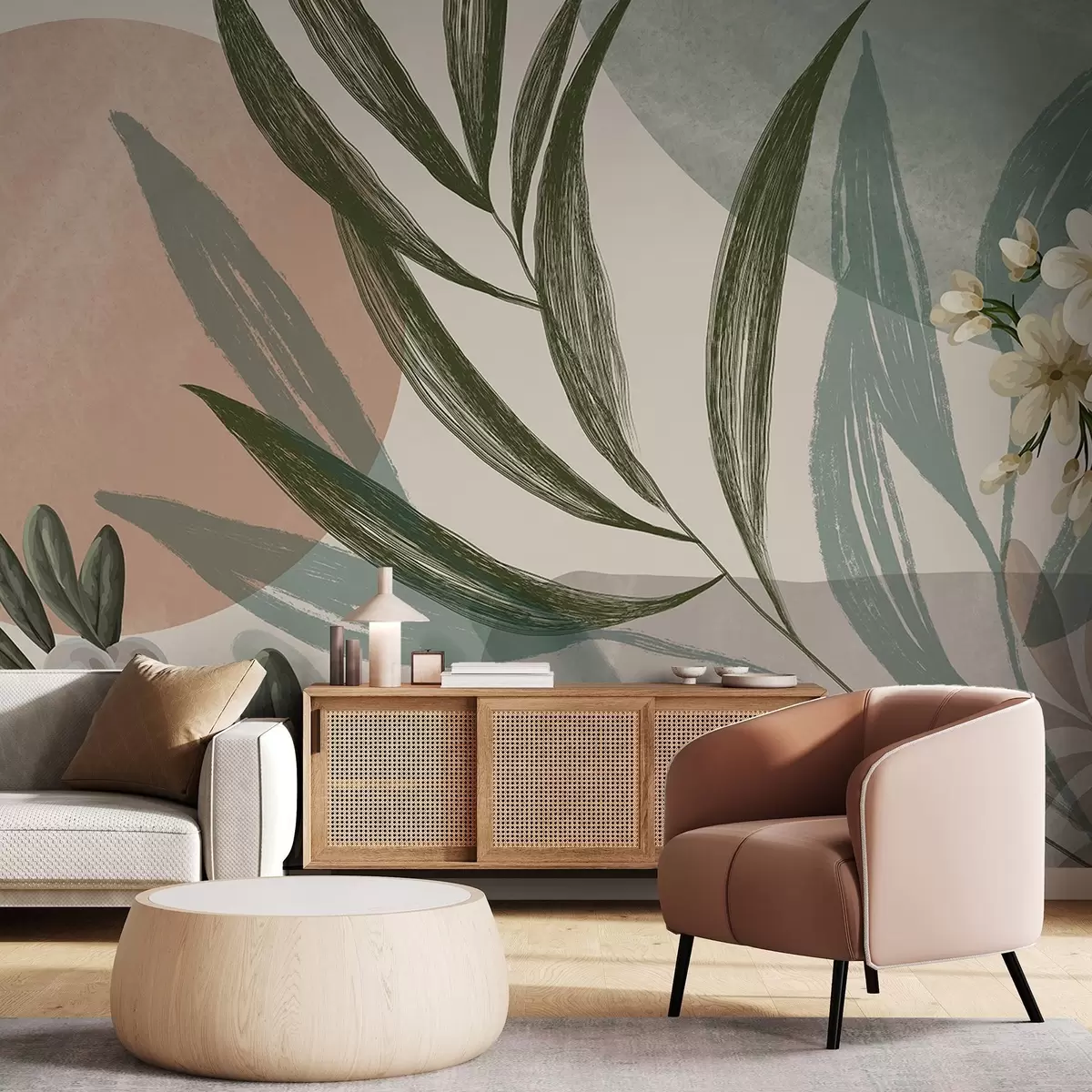 Шпалери Абстрактне ботанічне мистецтво із зеленим пальмовим листям і білими ягодами на тлі фігур у приглушених земляних тонах w09312