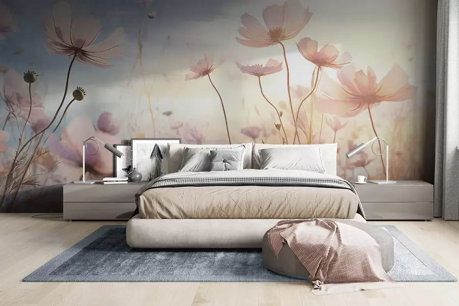 Шпалери Поле рожевих фактурних квітів з довгими стеблами на тлі м'якого блакитно-жовтого неба створює мрійливу атмосферу w09320