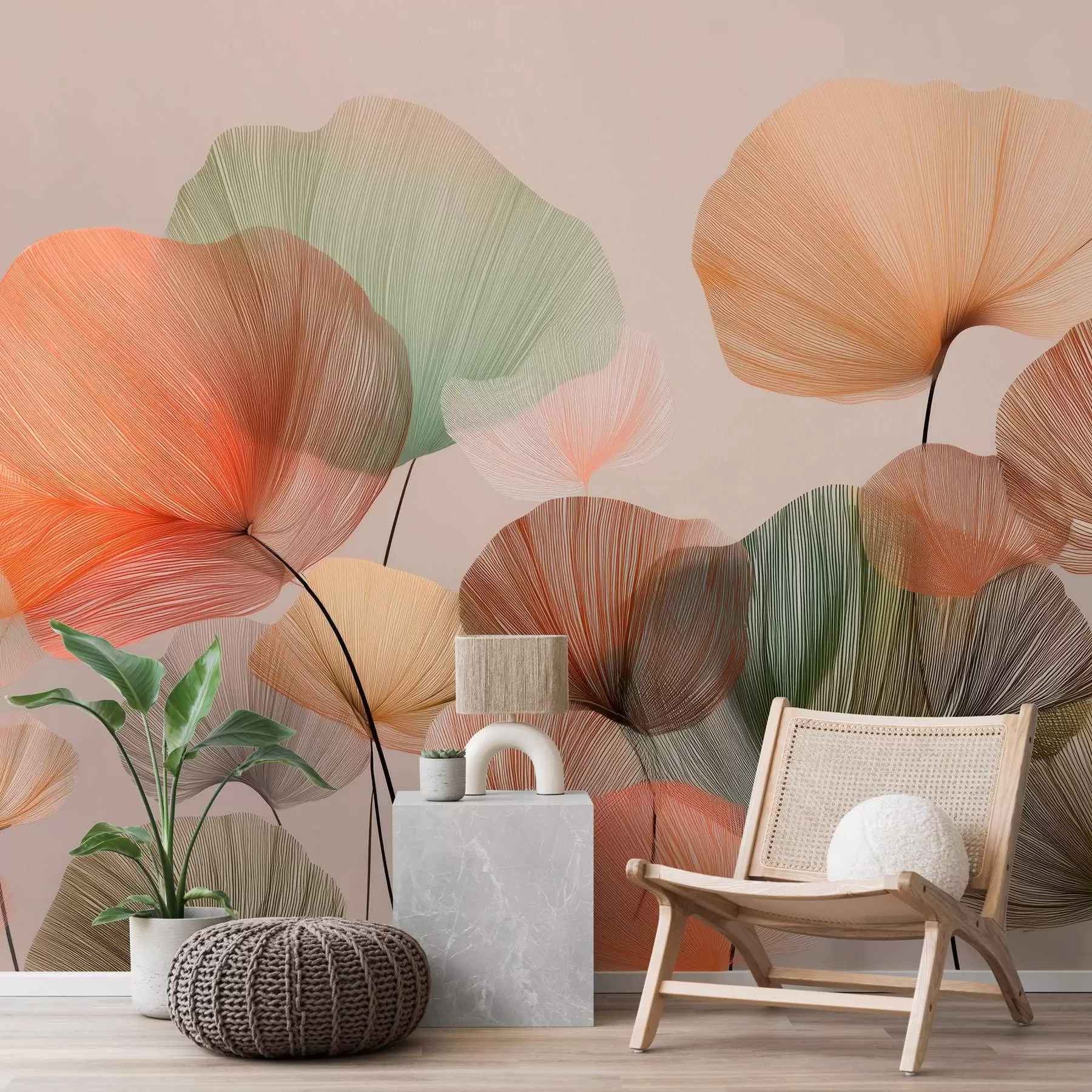 Шпалери різнокольорове листя гінкго з прожилками w04305