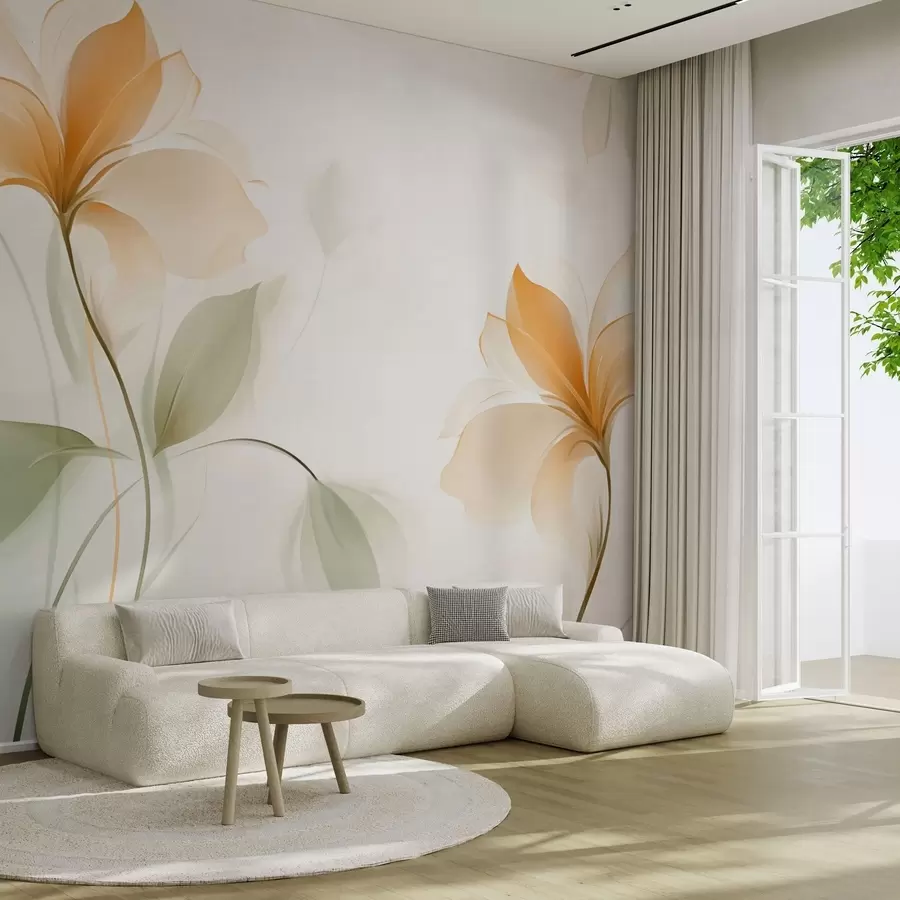 Шпалери Прозорі квіти з насиченим помаранчевим центром w04397v1