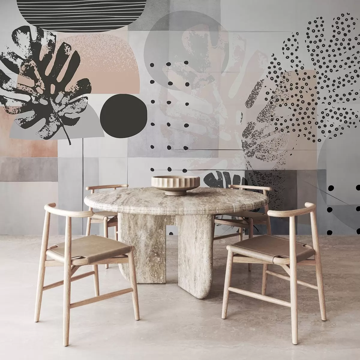 Шпалери Абстрактний принт з геометричними фігурами та тропічним листям монстери, колами, крапками та лініями, сучасний та мінімалістичний дизайн w09333