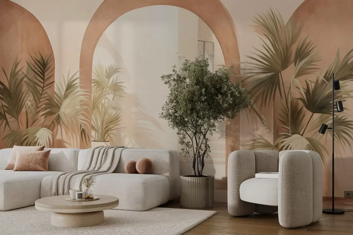 Шпалери Текстуровані арки з рослинами в горщиках, світло-бежева палітра кольорів, мінімалістичний дизайн, сходи на задньому плані w09339
