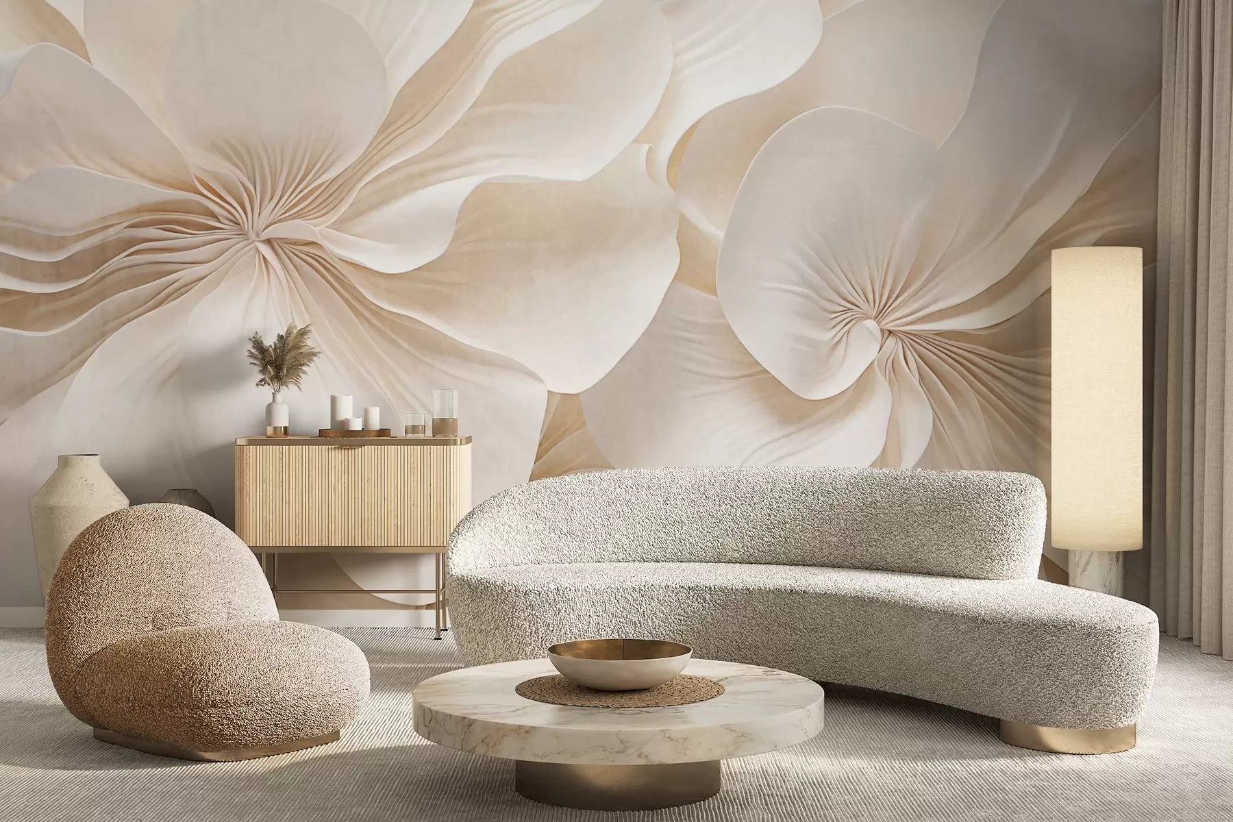 Шпалери Крупним планом кремові текстуровані квіти з ніжними пелюстками, що спадають, створюють м'яку, елегантну та фактурну квіткову композицію w09346