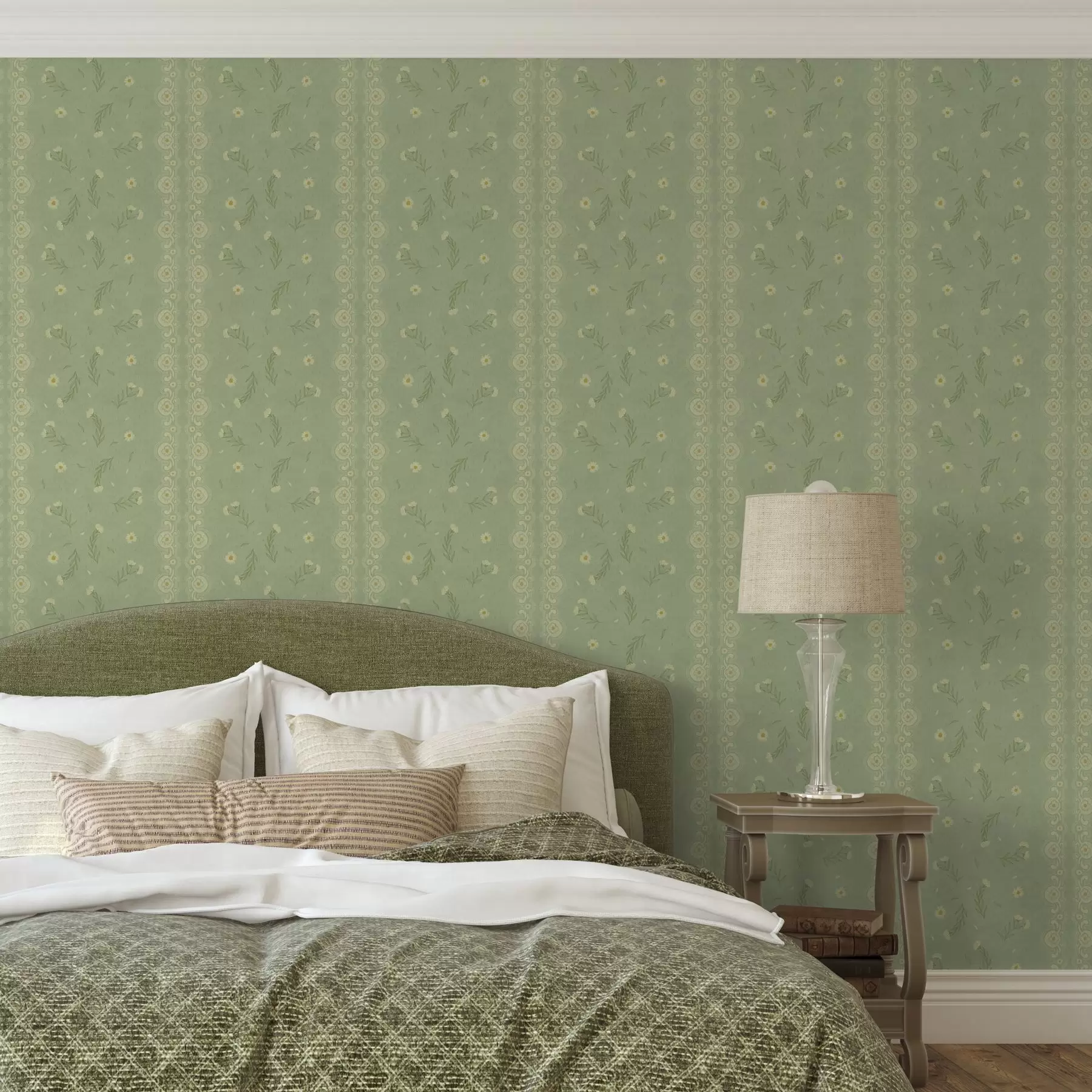 Шпалери Зелений фон з ромашками та мереживним краєм a00291