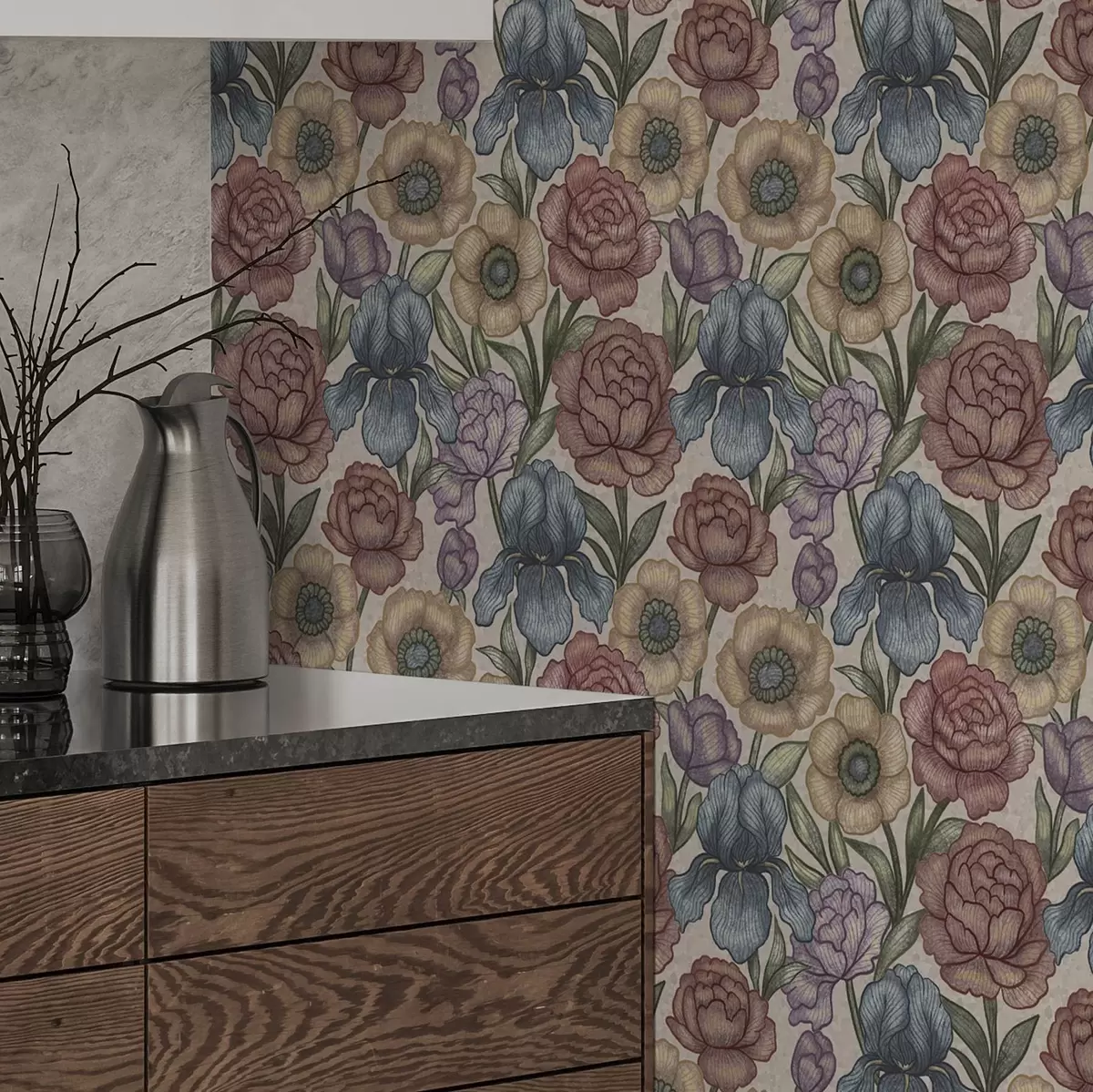 Шпалери Великі квіткові ілюстрації з ірисами та півоніями a00325