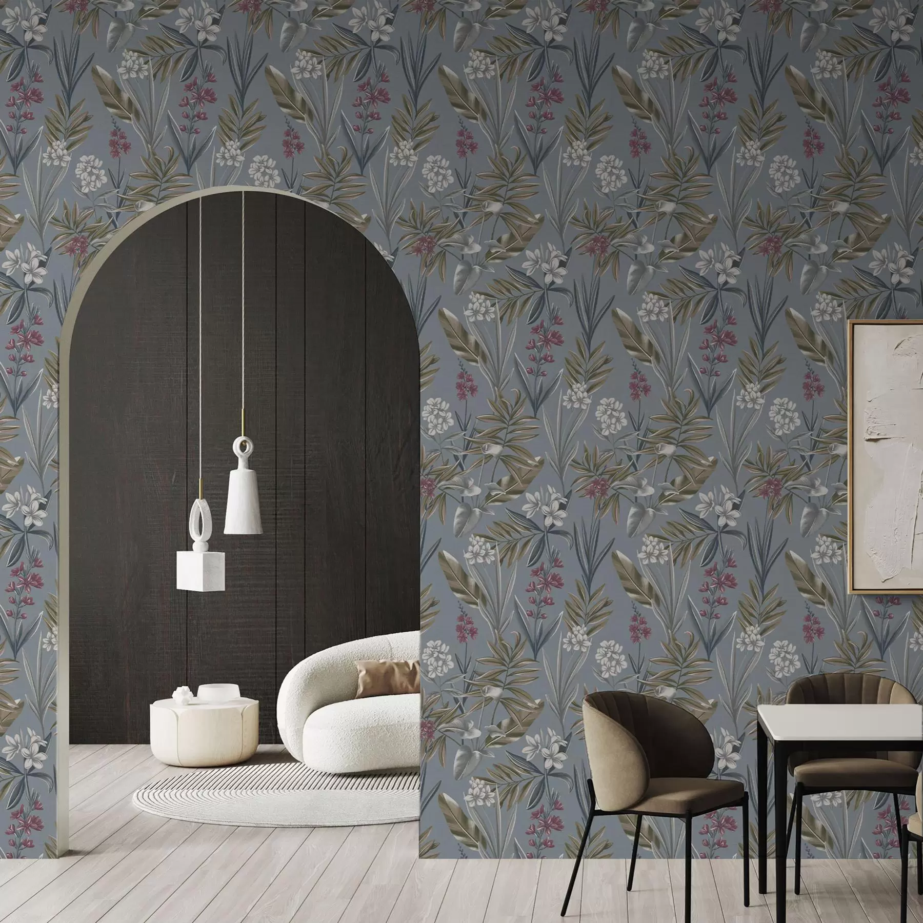 Шпалери Квіткові гілки на синьо-сірому тлі a00350