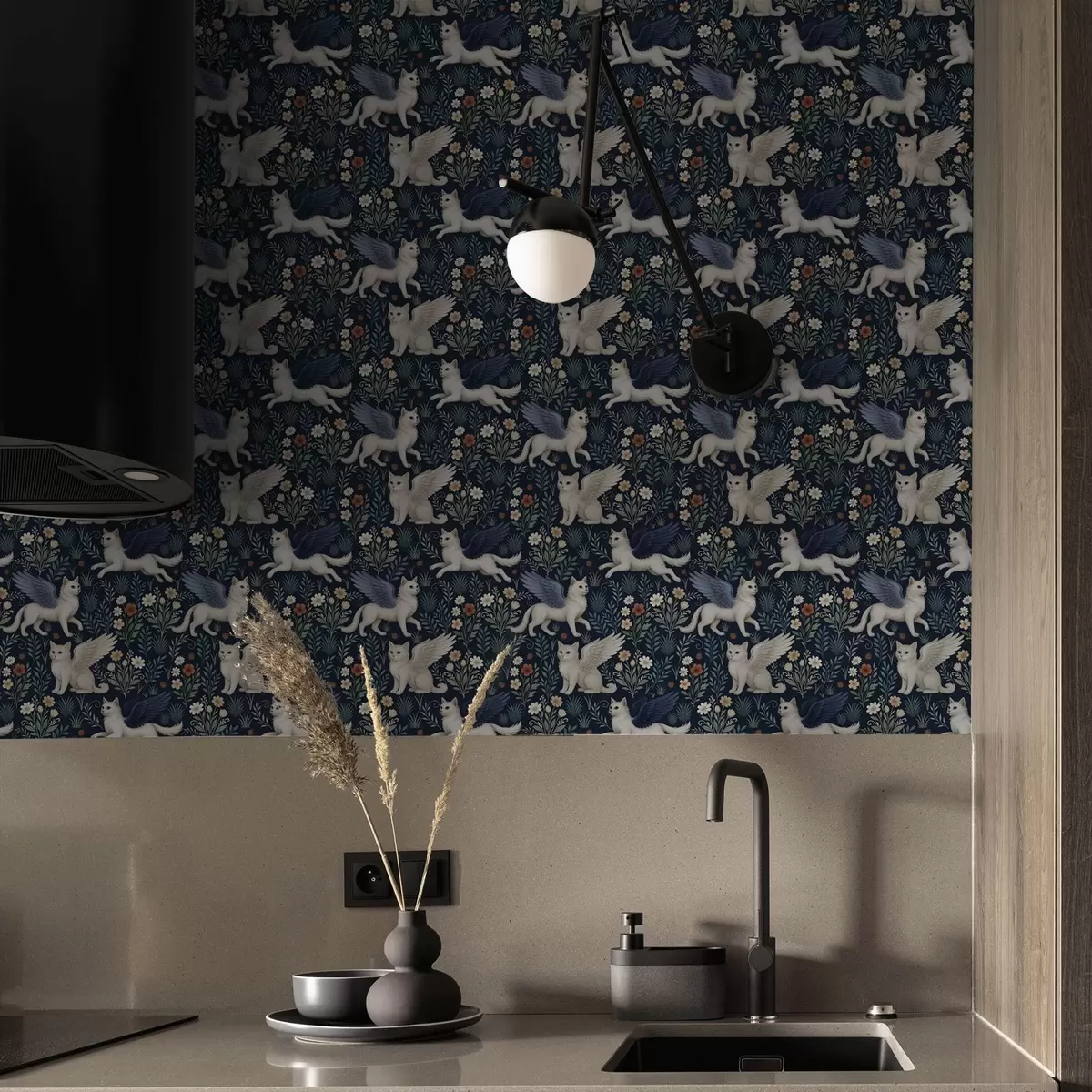 Шпалери Фантазійні коти з крилами серед квітів a00408