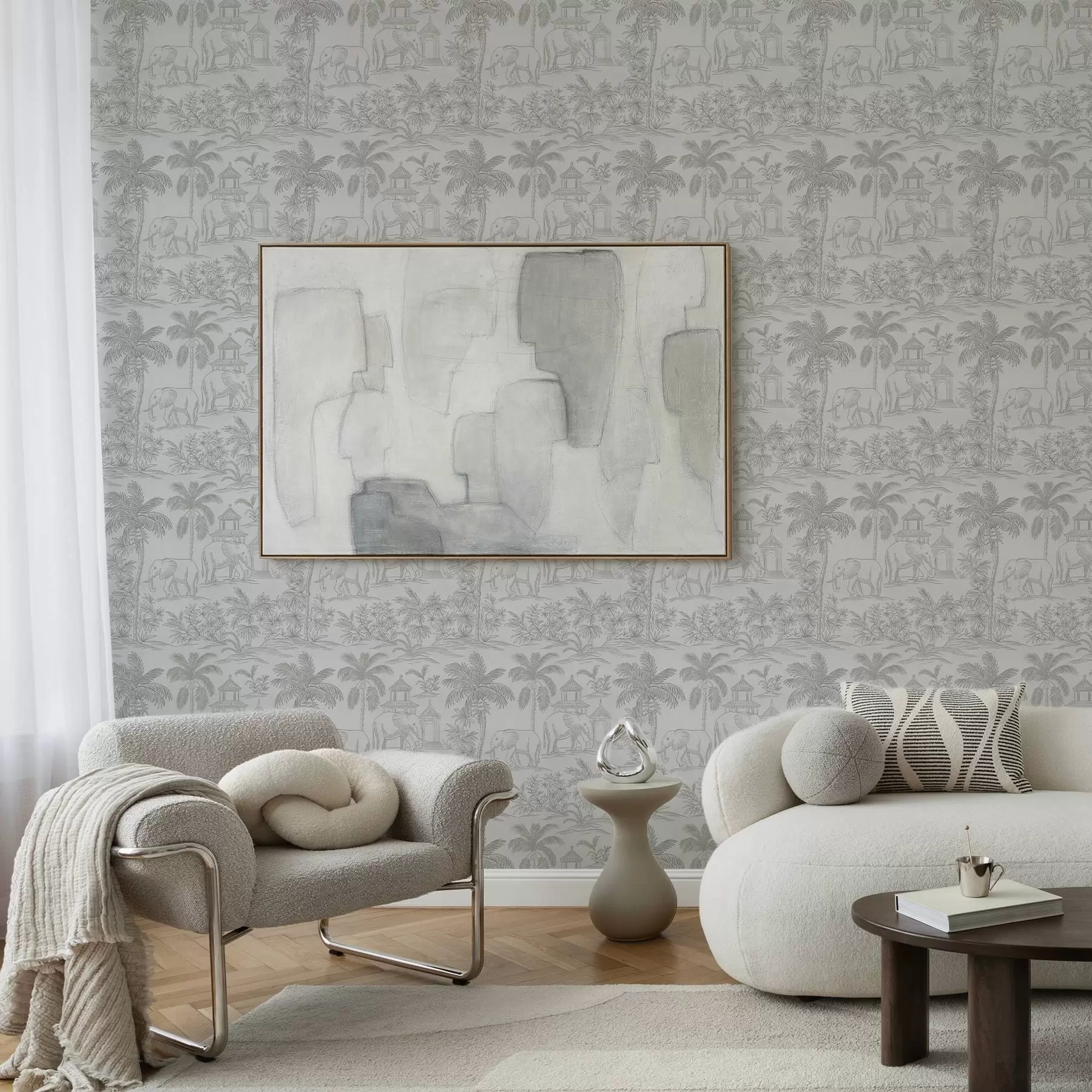 Шпалери Монохромні слони та джунглі в графічному стилі a00410