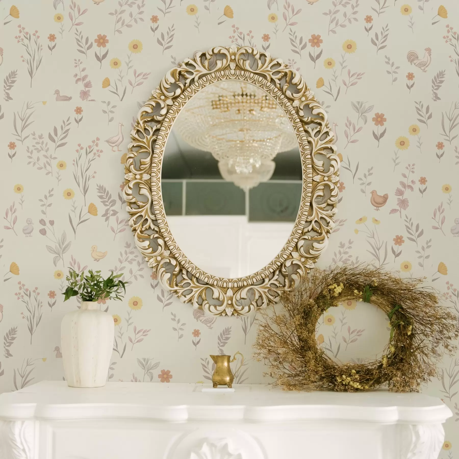 Шпалери Польові квіти та курчата в м'яких пастельних тонах a00478