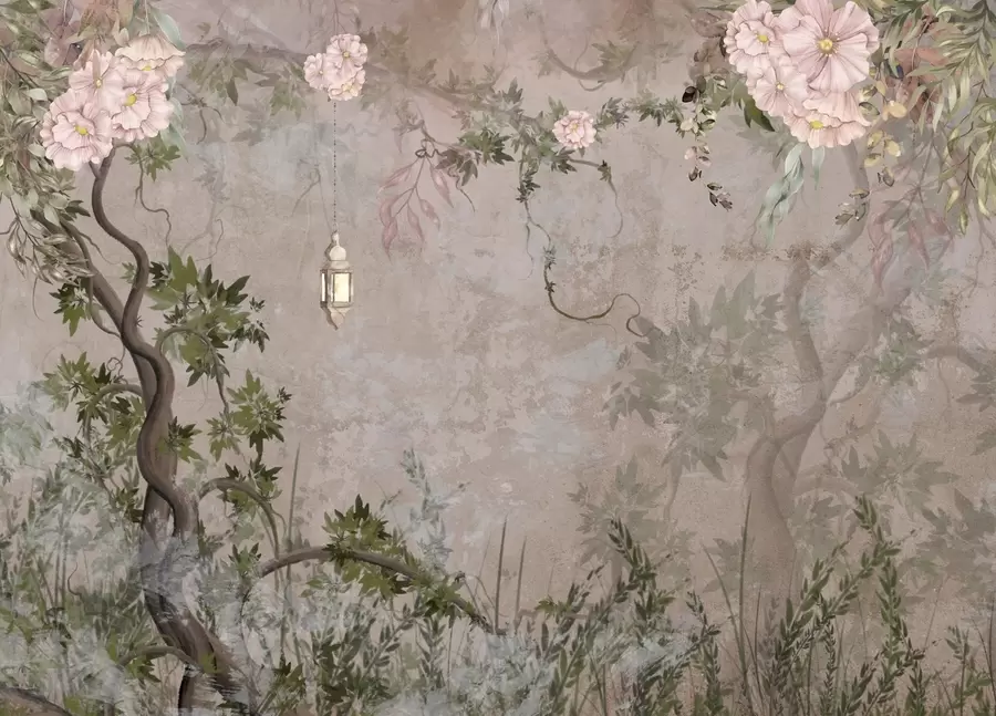 Шпалери Казковий сад з квітами, деревами та ліхтарем w04416