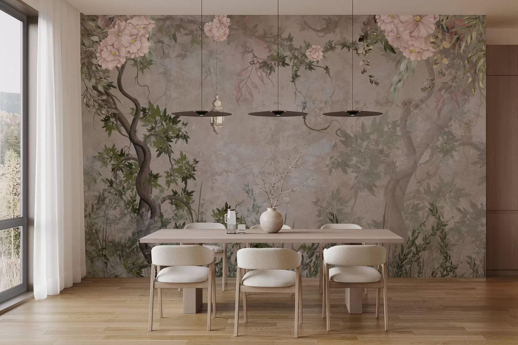 Шпалери Казковий сад з квітами, деревами та ліхтарем w04416