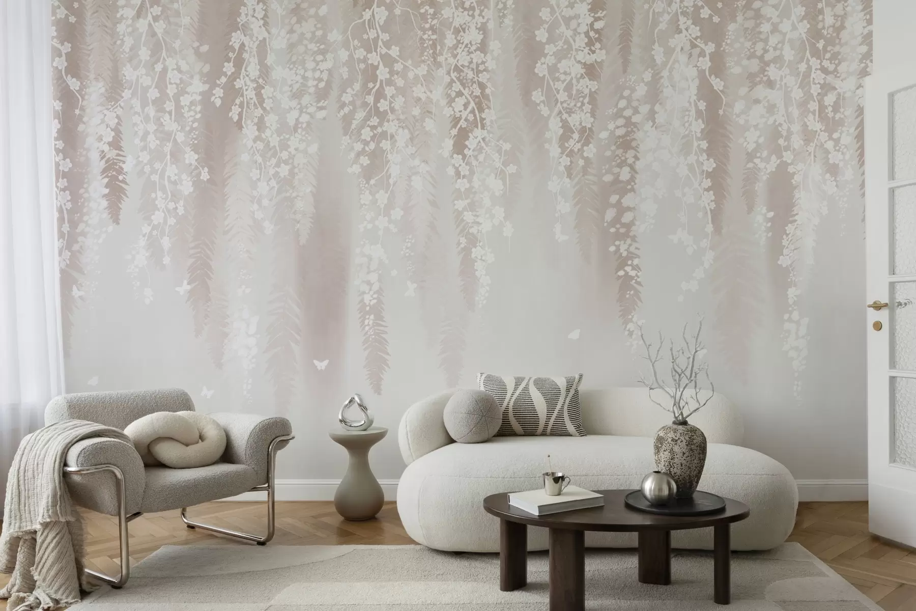 Шпалери Легкі гілки з білими квітами на ніжному тлі w04417