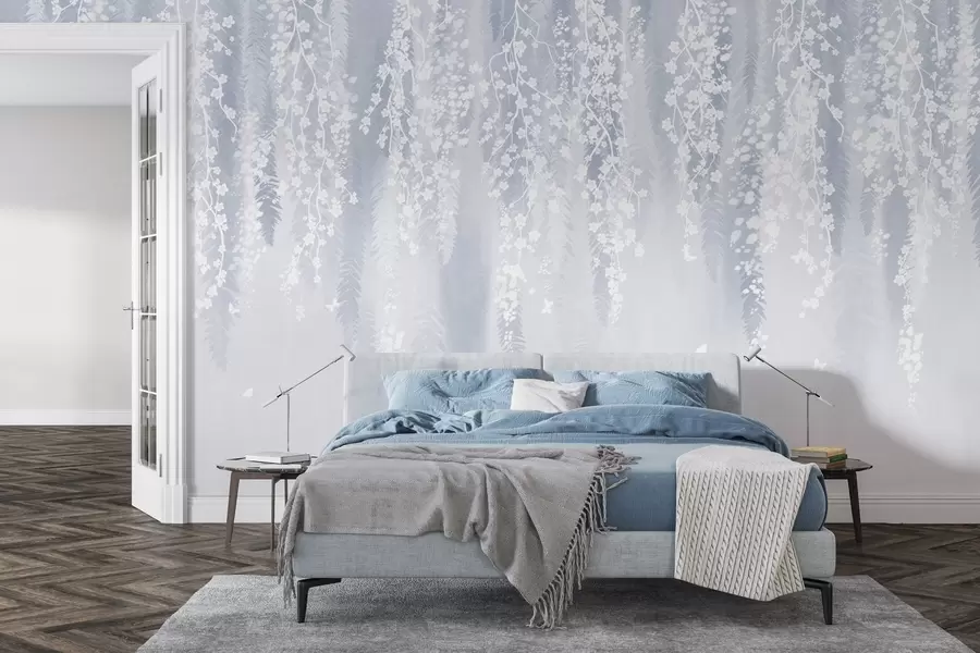 Шпалери Прохолодна синя версія гілок з білими квітами w04417v2