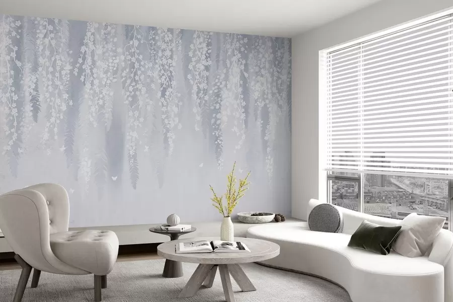 Шпалери Прохолодна синя версія гілок з білими квітами w04417v2