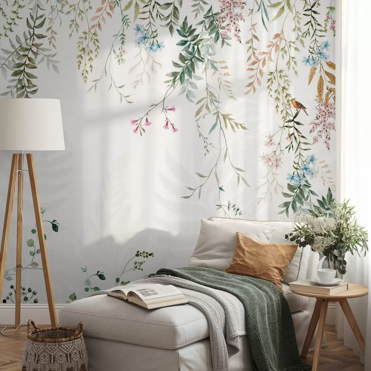 Шпалери Ботанічна ілюстрація з папороттю, травою та висячими рослинами, пастельні тони, на білому тлі, акварельний фактурний стиль w09364