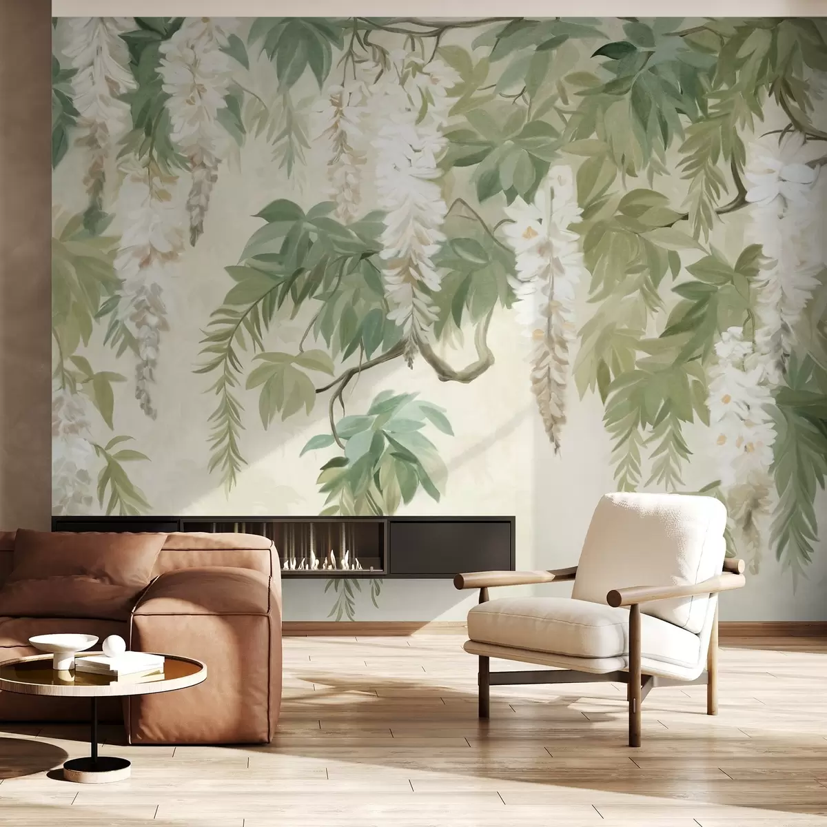 Шпалери Гілки гліцинії з білими квітами та зеленим листям, зелене тло, фактурний вінтажний живопис w09375