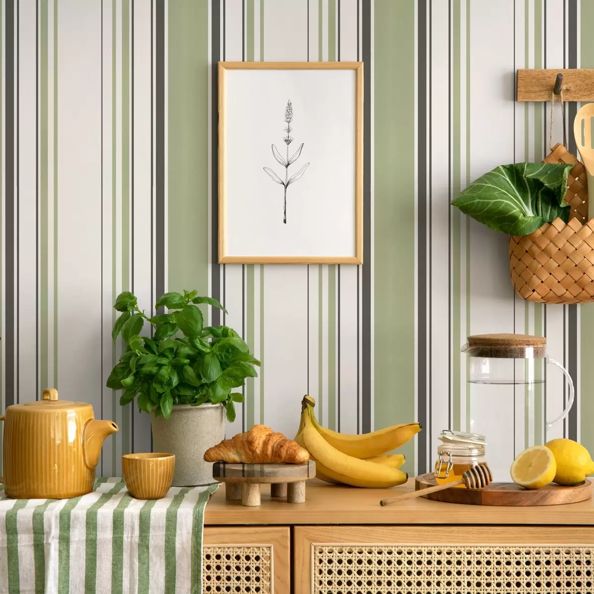 Шпалери Біле тло з поєднанням зелених і чорних смуг a00520